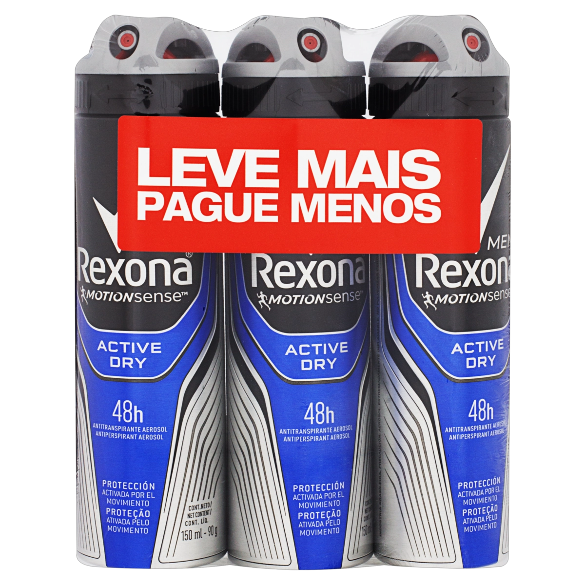 Pack Antitranspirante Aerossol Active Dry Rexona Men Motionsense Frasco 150ml 3 Unidades Leve Mais P