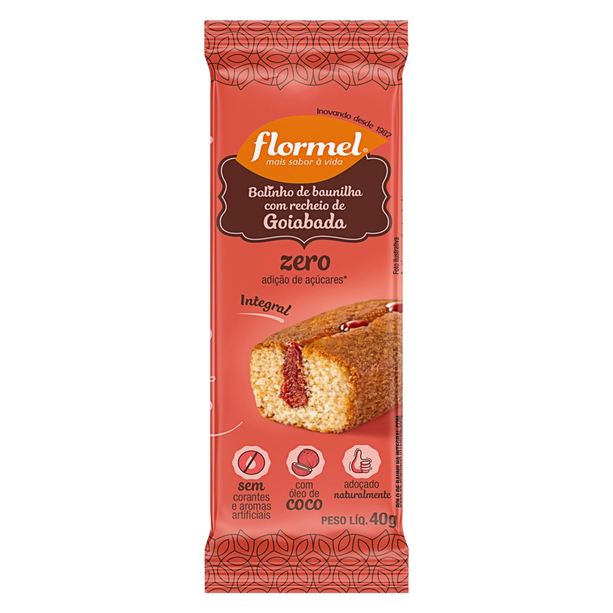 Bolinho Integral Baunilha Recheio Goiabada Flormel Pacote 40g