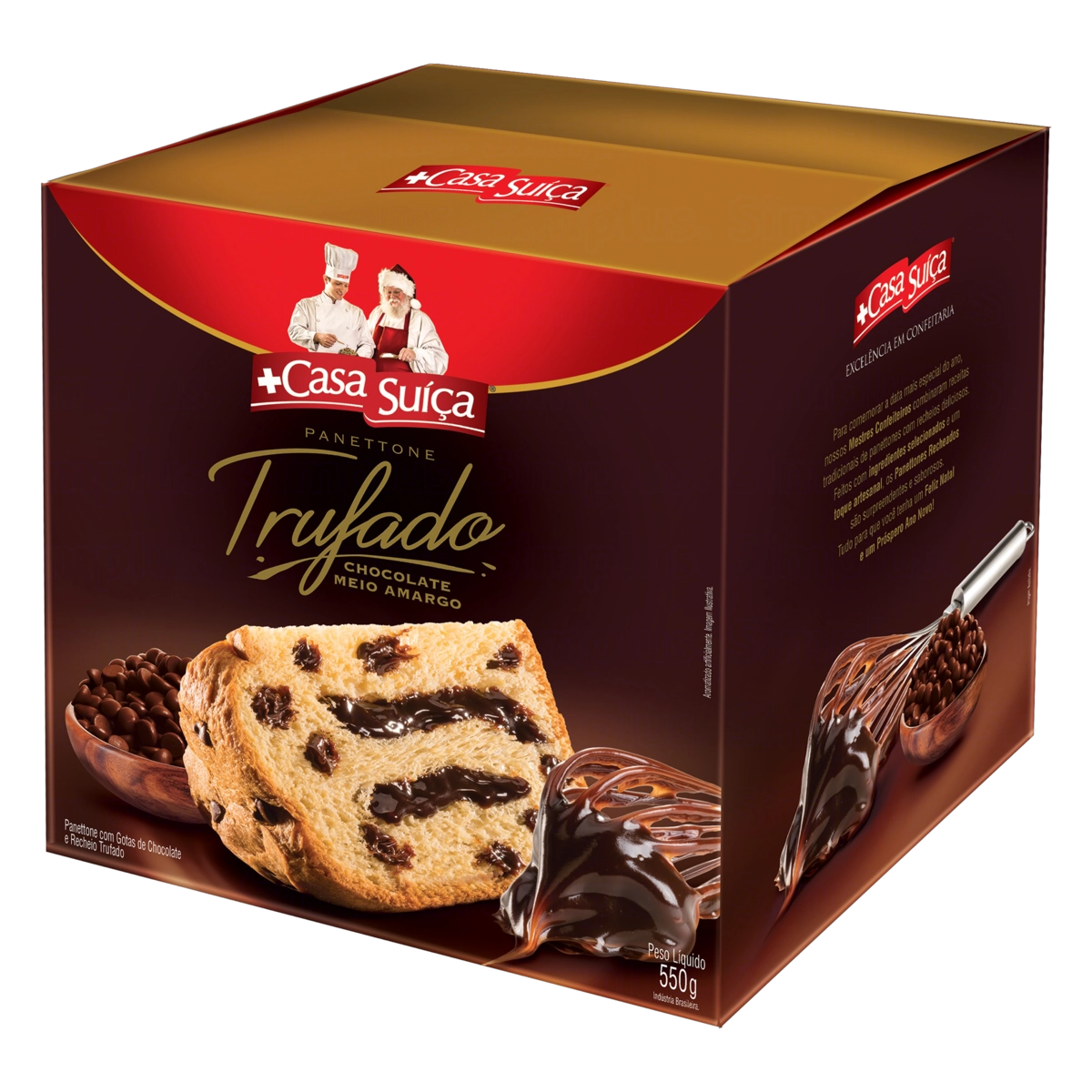 Panettone Com Gotas De Chocolate Recheio Trufado Chocolate Meio Amargo Casa Suíça Caixa 550g