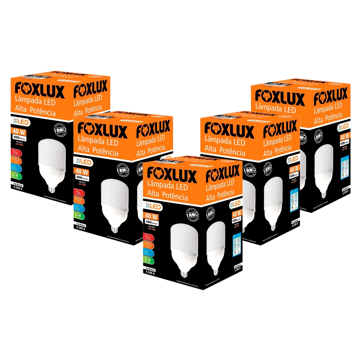 Kit 5 Lâmpada Led 40w Bulbo Alta Pot Bivolt 6500k Foxlux