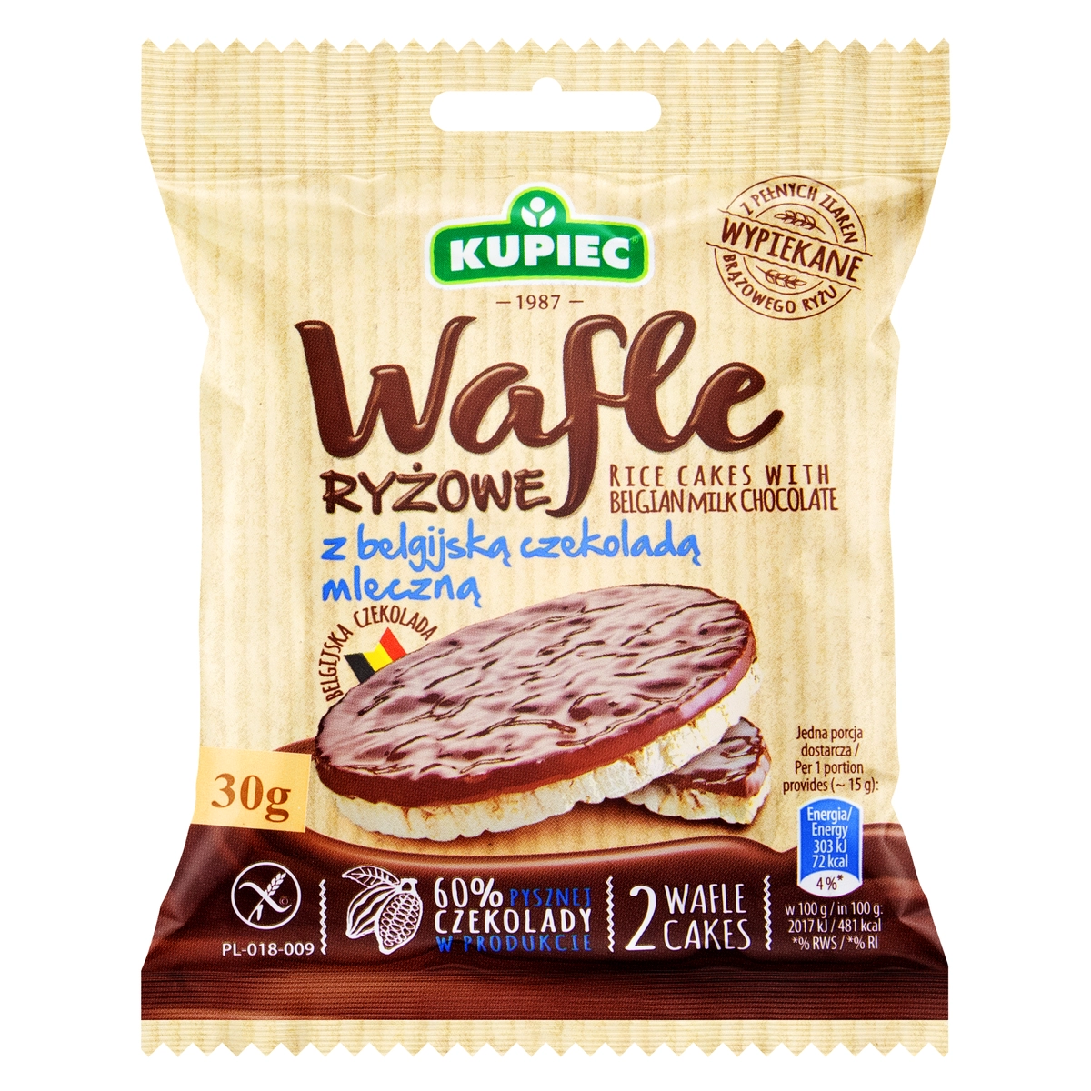 Biscoito De Arroz Cobertura Chocolate Belga Ao Leite Kupiec Pacote 30g
