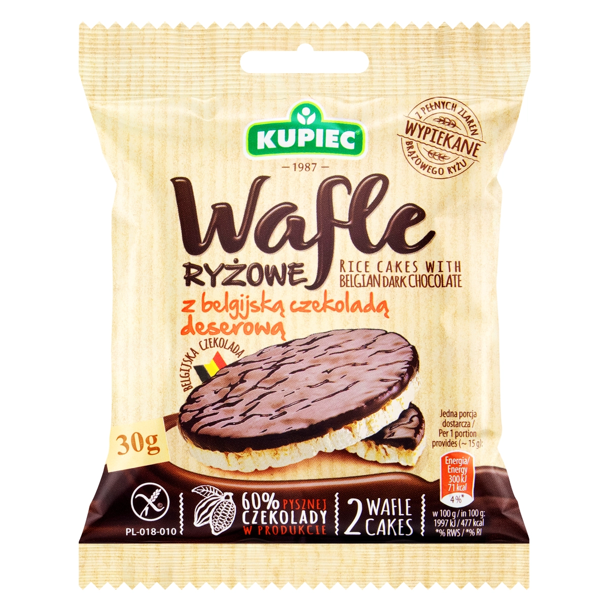 Biscoito De Arroz Cobertura Chocolate Belga Meio Amargo Kupiec Pacote 30g