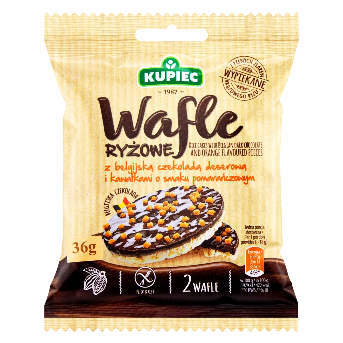Biscoito De Arroz Cobertura Chocolate Belga Meio Amargo E Pedaços De Confeito De Laranja Kupiec Paco