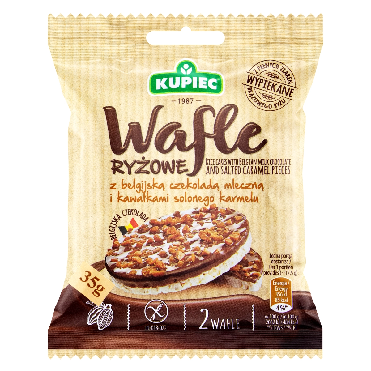 Biscoito De Arroz Cobertura Chocolate Belga Ao Leite E Pedaços De Caramelo Salgado Kupiec Pacote 35g