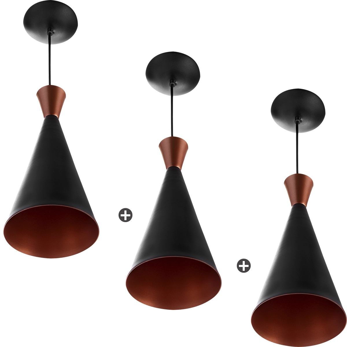 Kit 3 Pendentes Cone Funil Aluminio Tom Dixon 33x15cm Preto