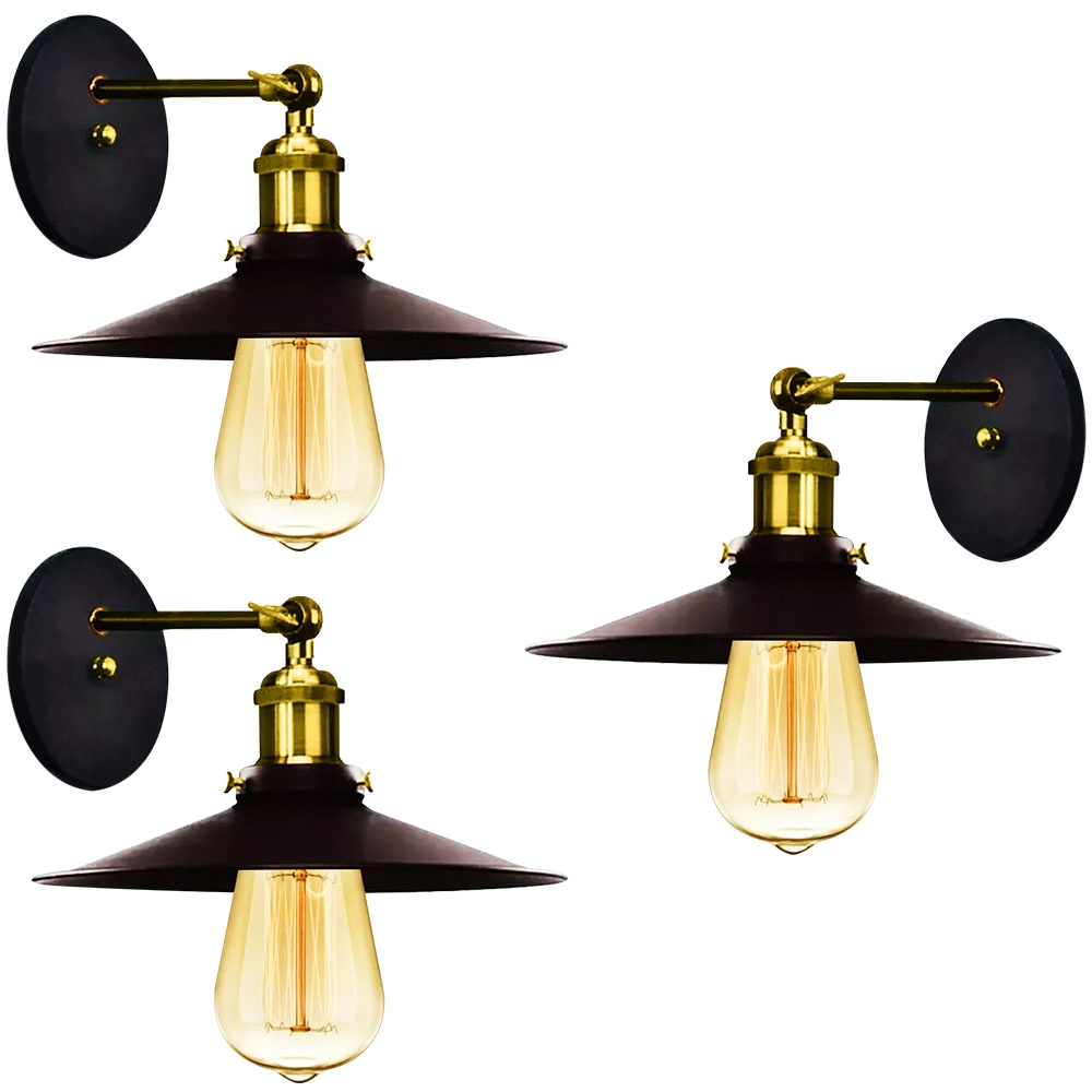 Kit 3 Arandelas Industrial Nordic Loft Preto Com Dourado