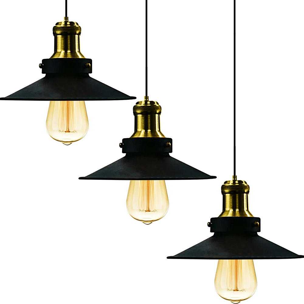Kit 3 Pendentes Nordic Industrial 22 Cm Preto Com Dourado