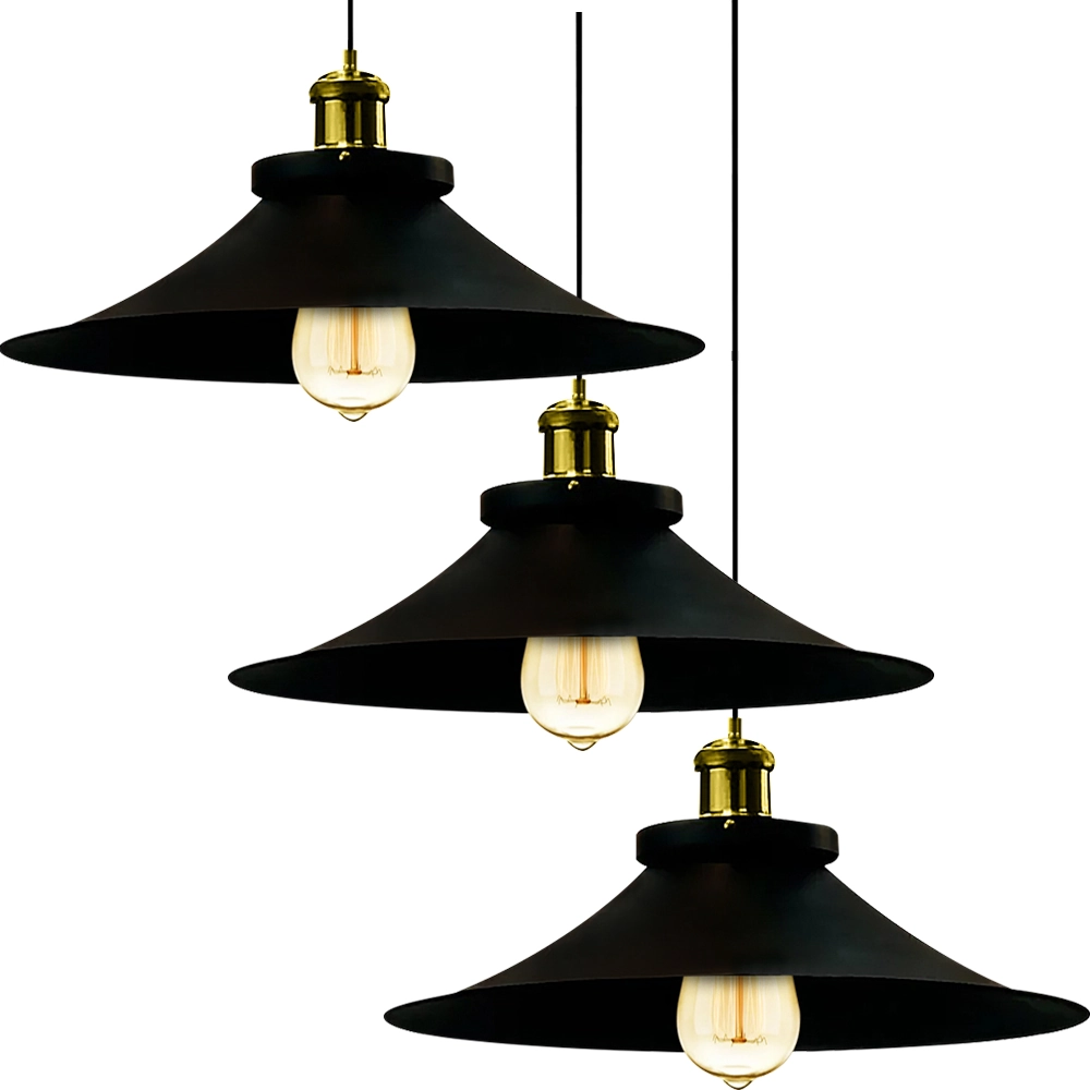Kit 3 Pendentes Nordic Industrial 38 Cm Preto Com Dourado
