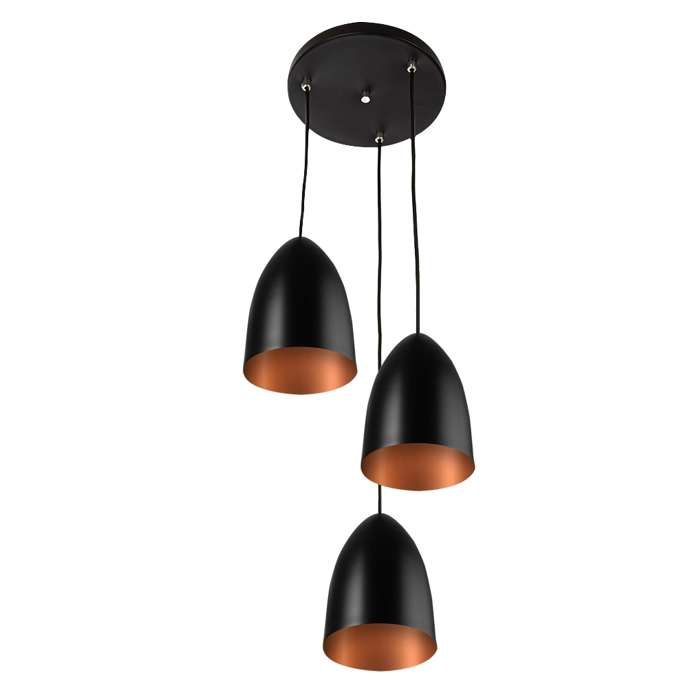 Pendente Cone Bala Sadan Aluminio Triplo Preto Com Cobre