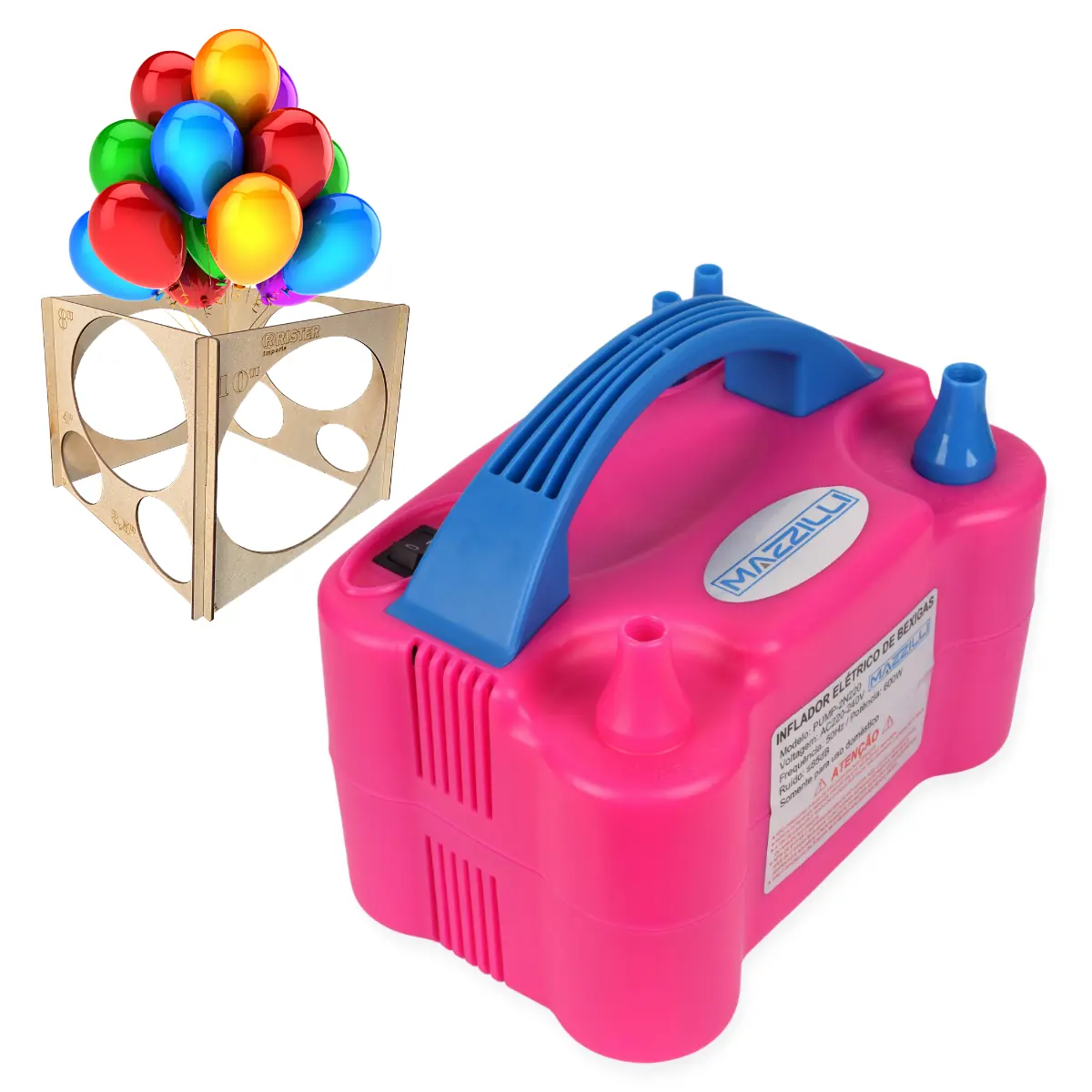 Inflador Compressor Balão Bexiga 2 Bico + Medidor De Bexiga Rosa 110v
