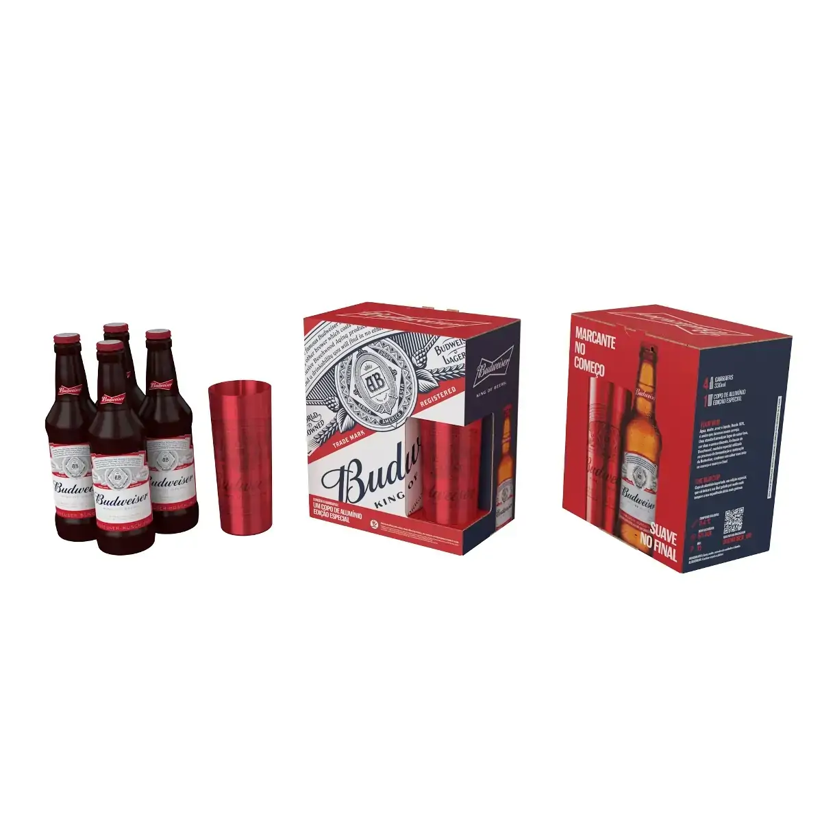Kit Budweiser 330ml C/4 Long Neck + 1 Copo de Alumínio