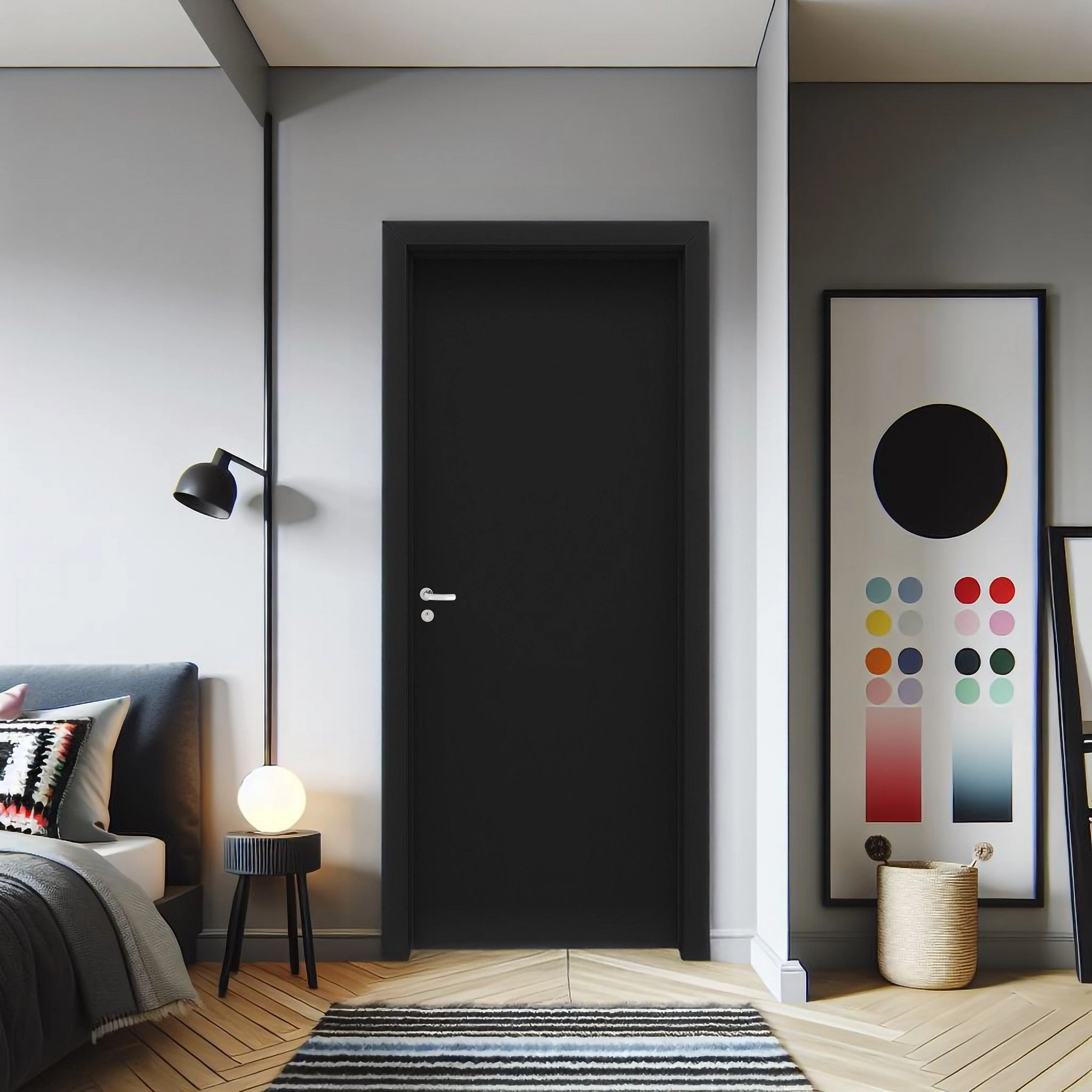 Kit Porta De Madeira 210x70cm Lisa Laqueada Moldufama Abertura Esquerda Preto