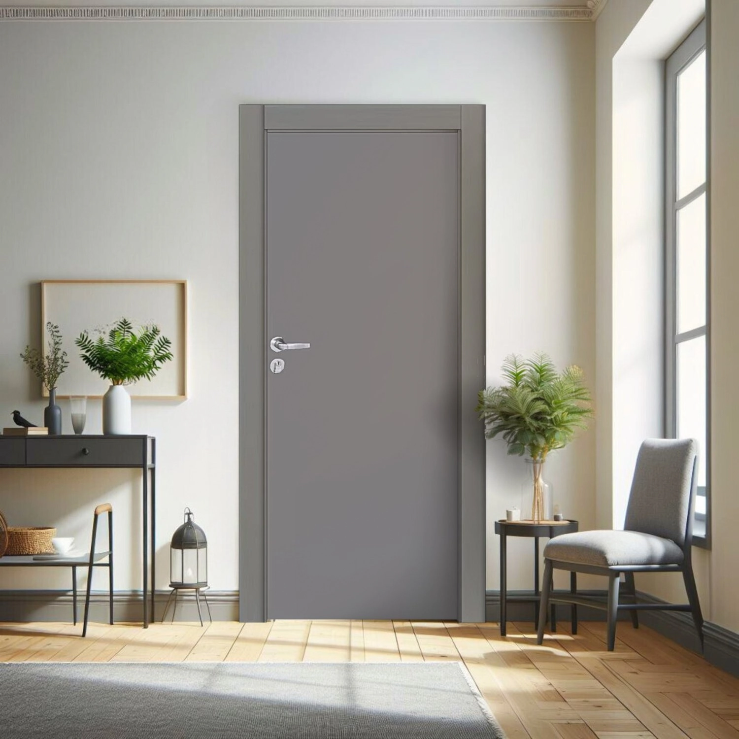 Kit Porta De Madeira 210x70cm Lisa Laqueada Direita Moldufama Cinza