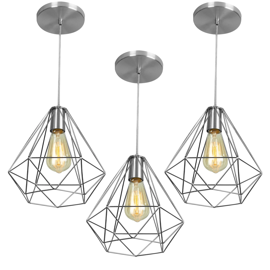 Kit 3 Pendentes Diamante Aramado Grande Cromado