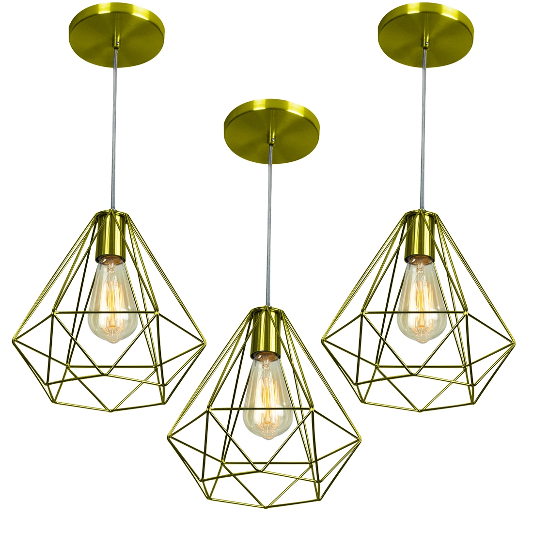 Kit 3 Pendentes Diamante Aramado Grande Dourado