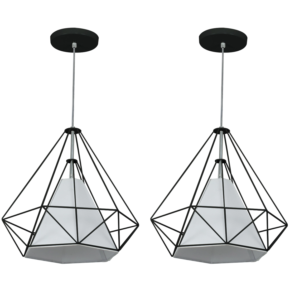 Kit 2 Pendente Aramado Piramidal 37cm Preto C/ Cúpula Branca