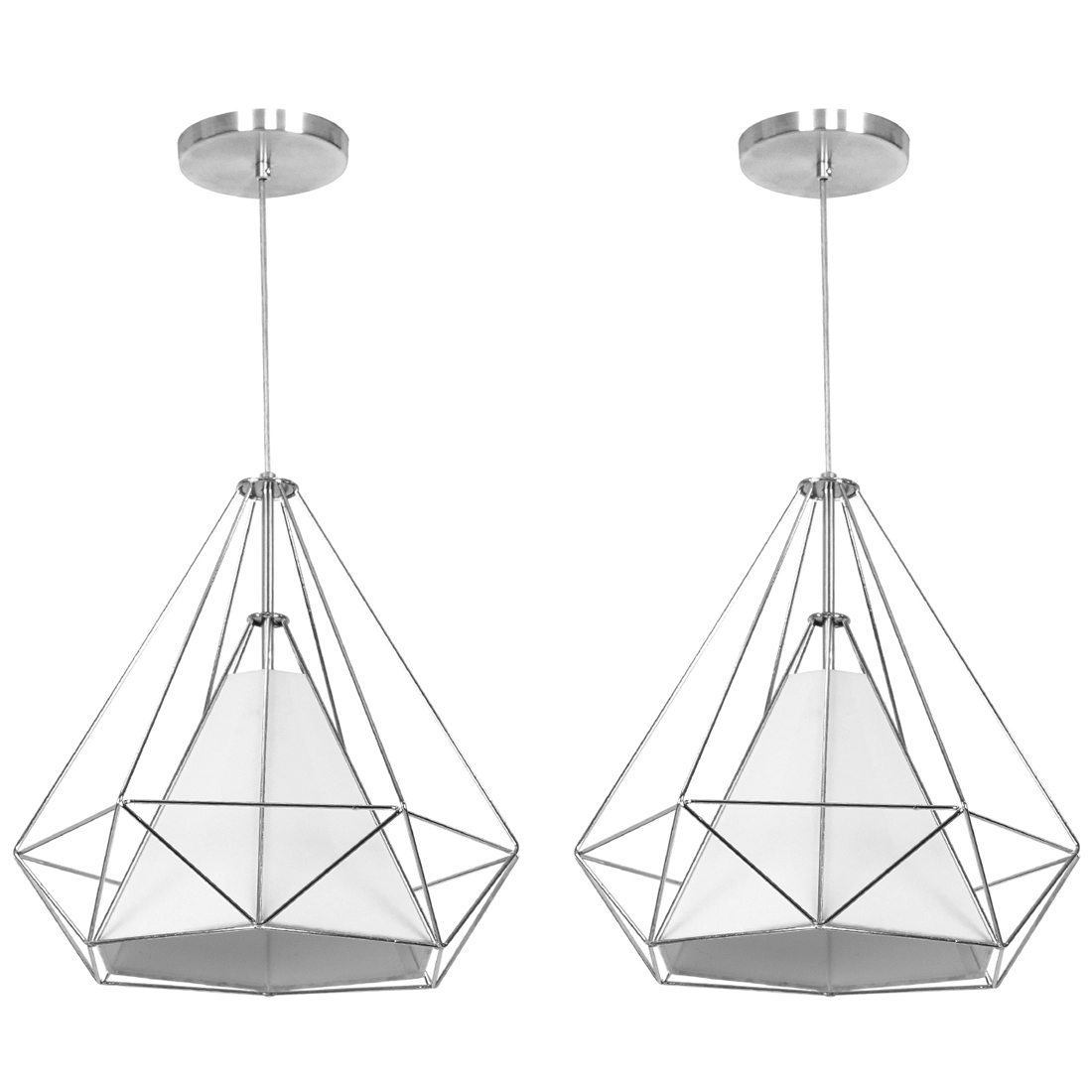 Kit 2 Pendente Aramado Piramidal 37cm Cromado Cúpula Branca