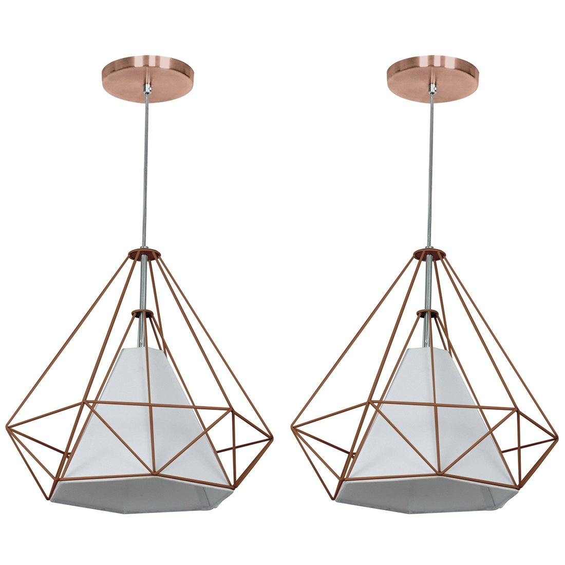 Kit 2 Pendente Aramado Piramidal 37cm Cobre Cúpula Branca