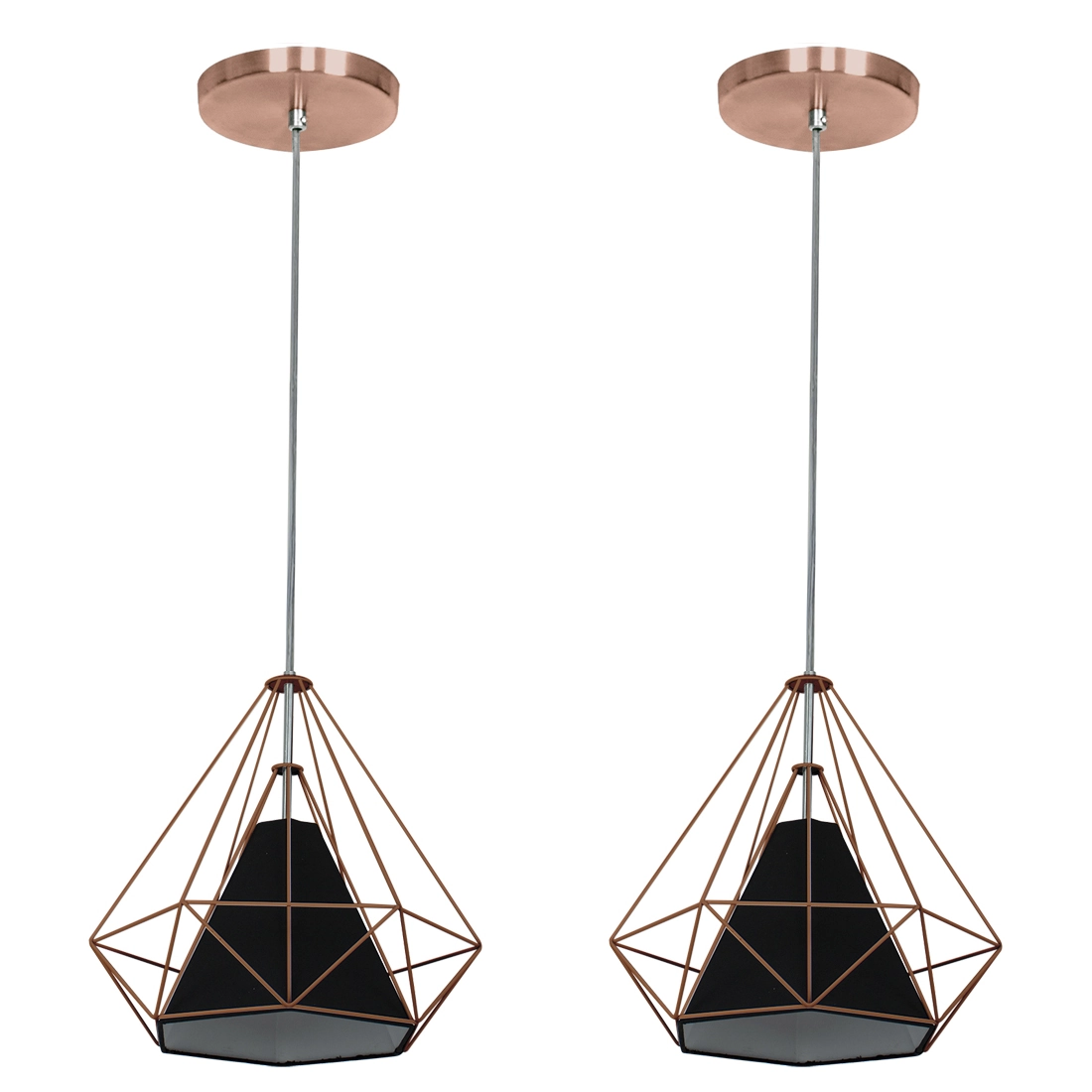 Kit 2 Pendente Aramado Piramidal 25cm Cobre Cúpula Preta