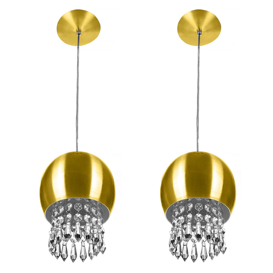 Kit 2 Pendente Bola Pequena 15cm Dourado Cristais Acrilico