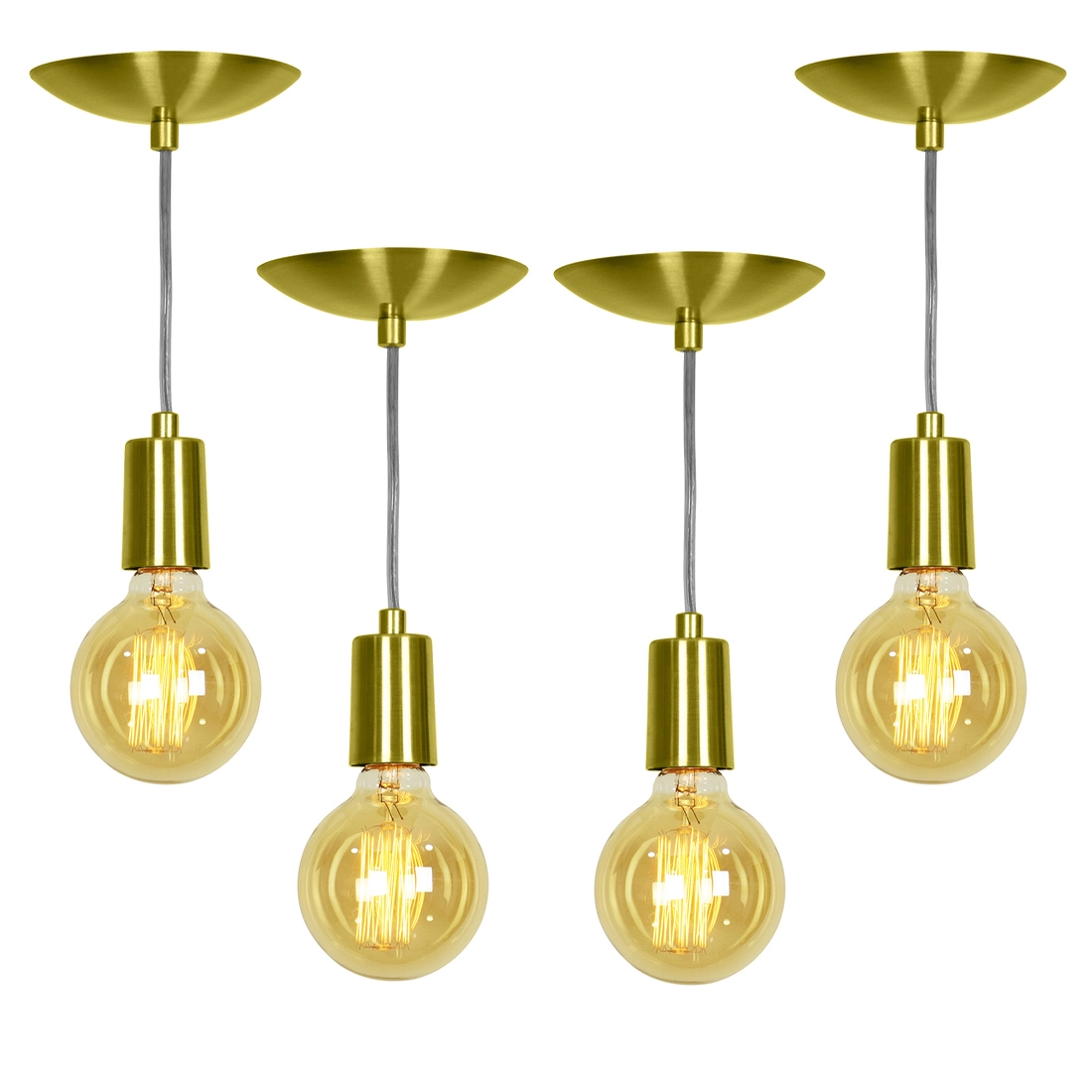 Kit 4 Pendente Tubo Cilindro Alumínio Dourado Fio 1.20m
