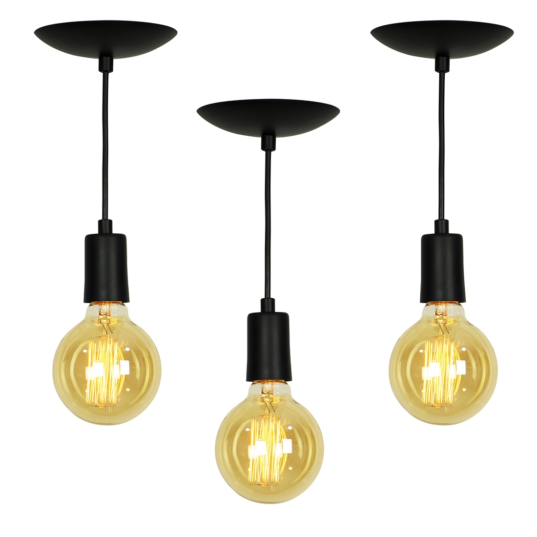 Kit 3 Pendente Tubo Cilindro Alumínio Preto Com Lampada