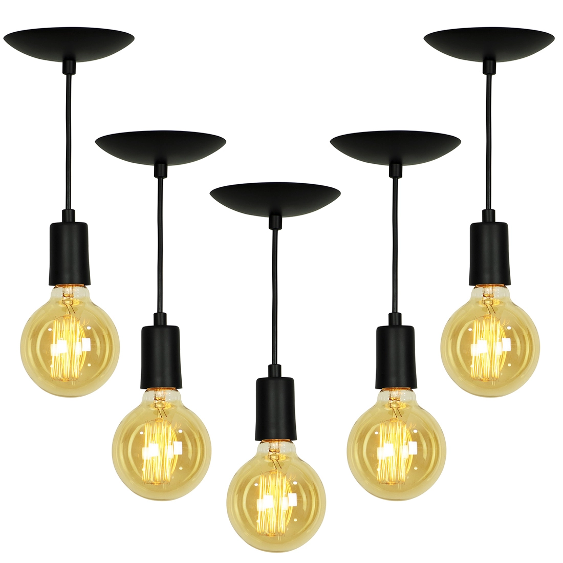 Kit 5 Pendente Tubo Cilindro Alumínio Preto Com Lampada