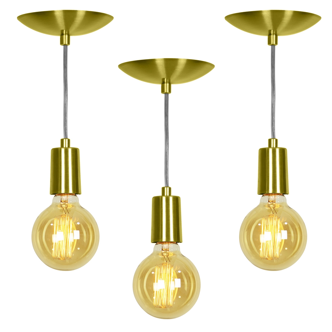 Kit 3 Pendente Tubo Cilindro Alumínio Dourado Com Lampada