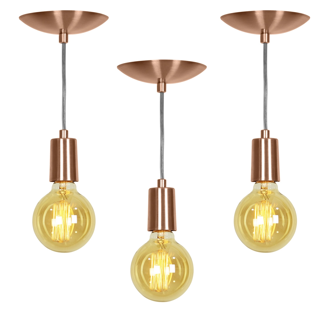 Kit 3 Pendente Tubo Cilindro Alumínio Cobre Com Lampada