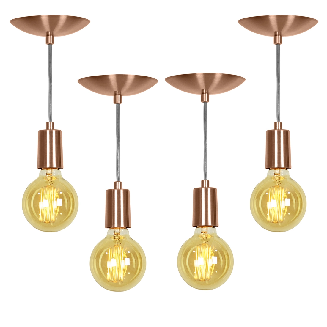 Kit 4 Pendente Tubo Cilindro Alumínio Cobre Com Lampada