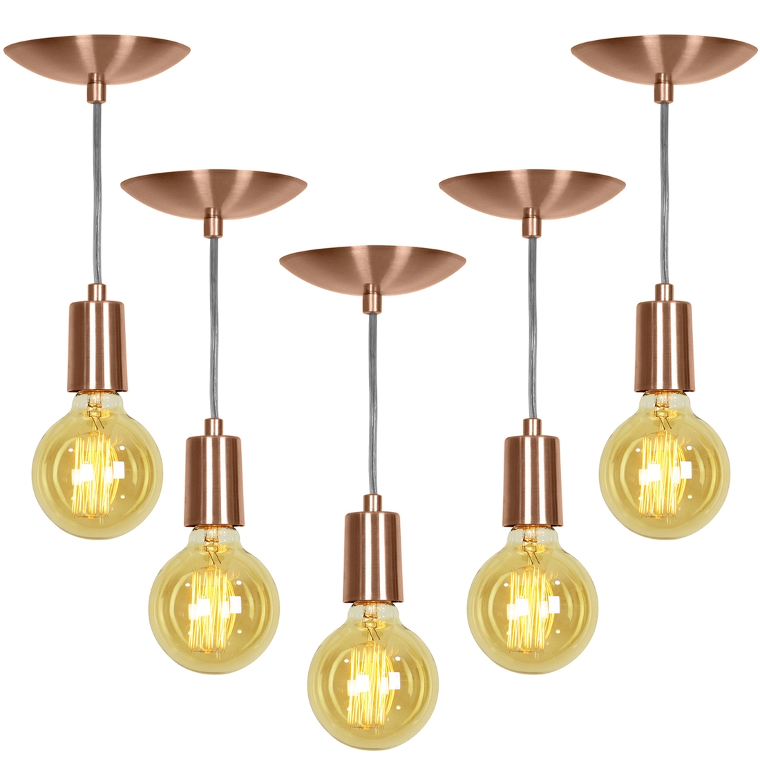 Kit 5 Pendente Tubo Cilindro Alumínio Cobre Com Lampada