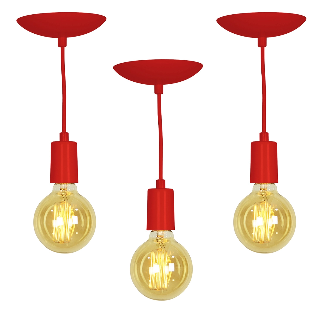 Kit 3 Pendente Tubo Cilindro Alumínio Vermelho Com Lampada