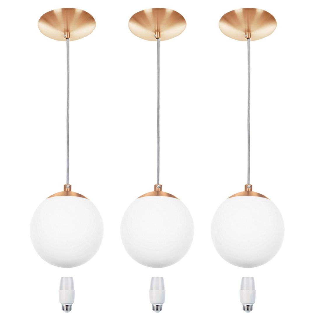 Kit 3 Pendentes Orby Bolinha New Cobre + Lampada 6000k