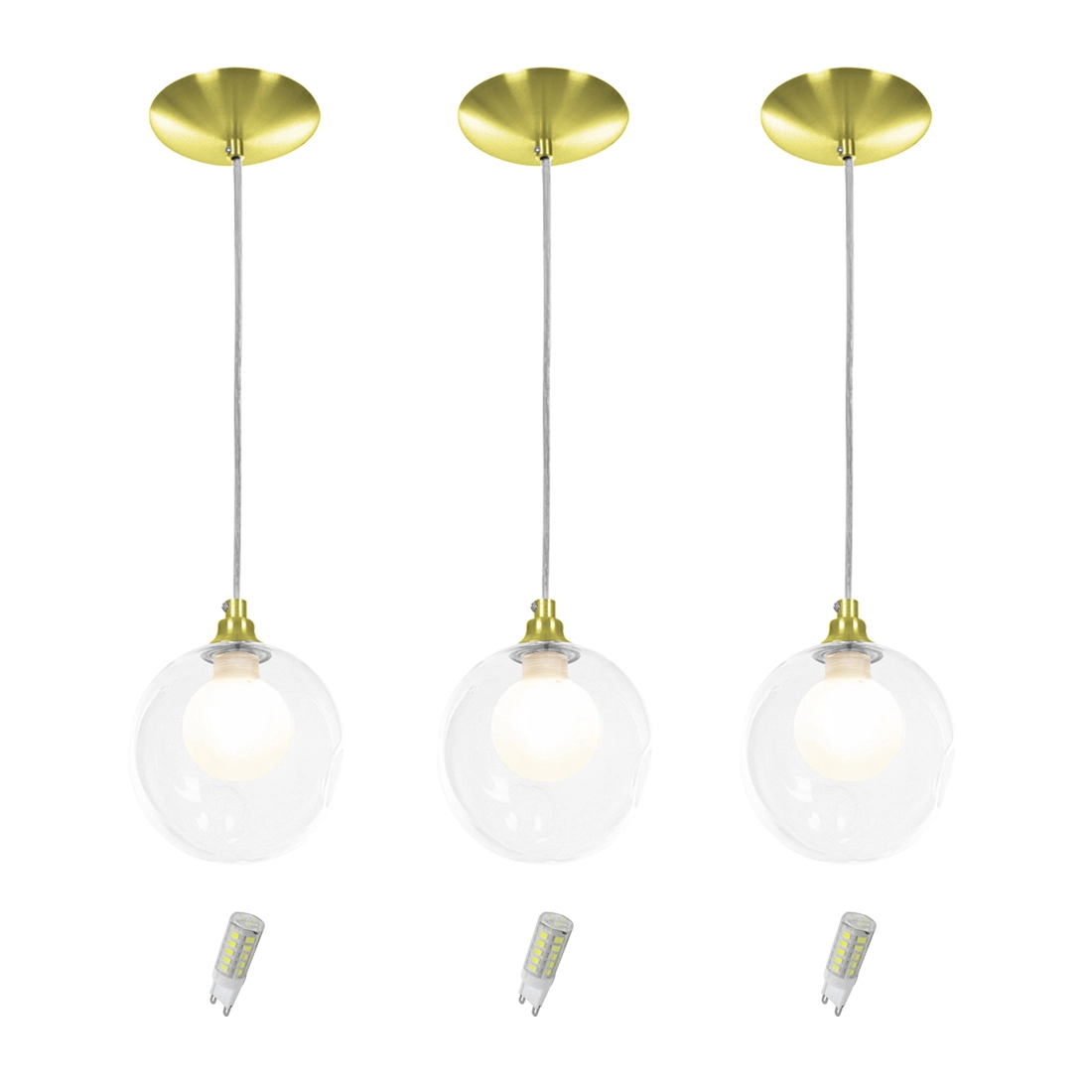Kit 3 Pendentes Harmony Bolinha Dourado + Lampada G9 3000k