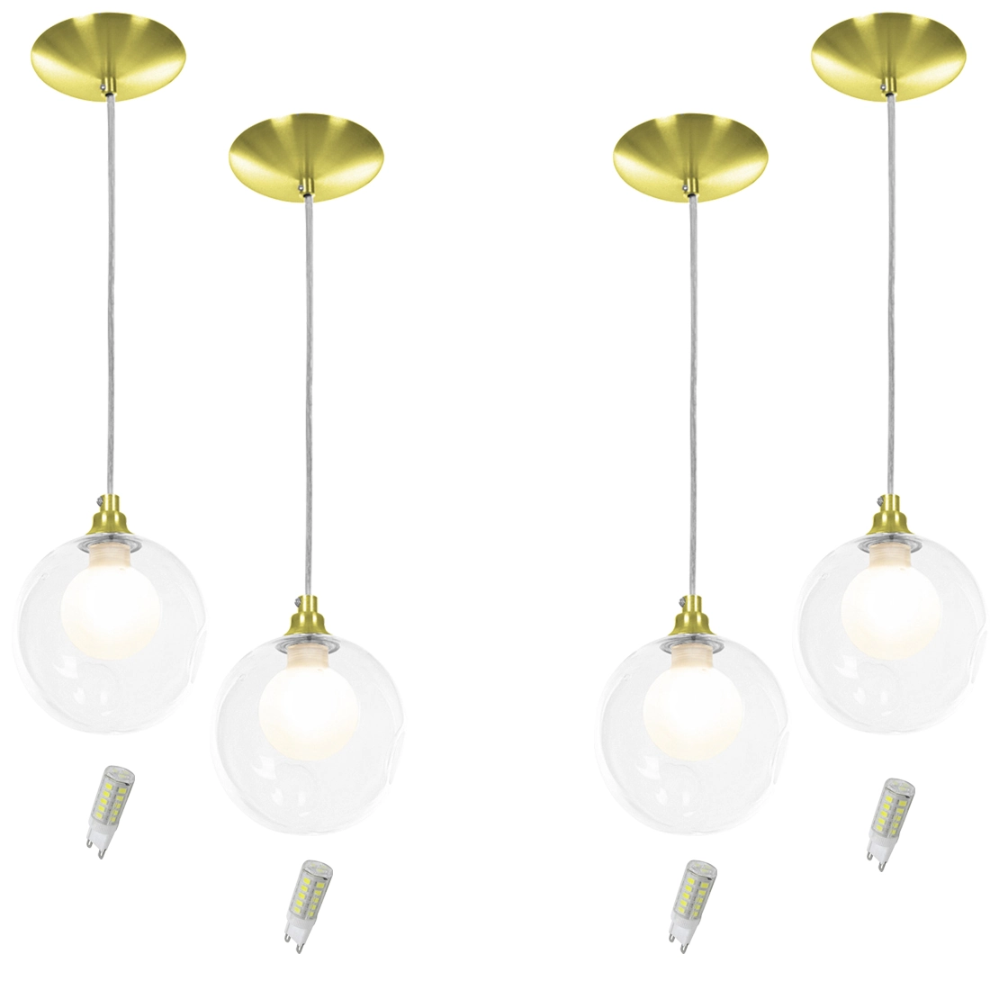 Kit 4 Pendentes Harmony Bolinha Dourado + Lampada G9 3000k