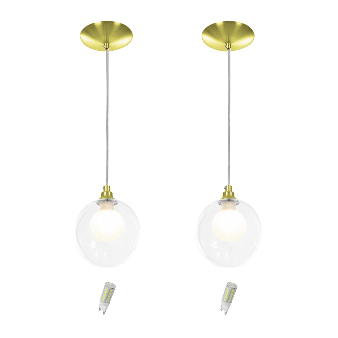 Kit 2 Pendentes Harmony Bolinha Dourado + Lampada G9 6000k
