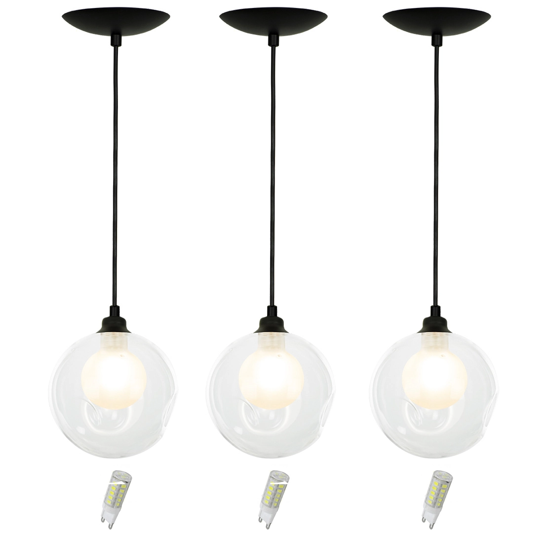 Kit 3 Pendentes Harmony Bolinha Preto + Lampada G9 6000k
