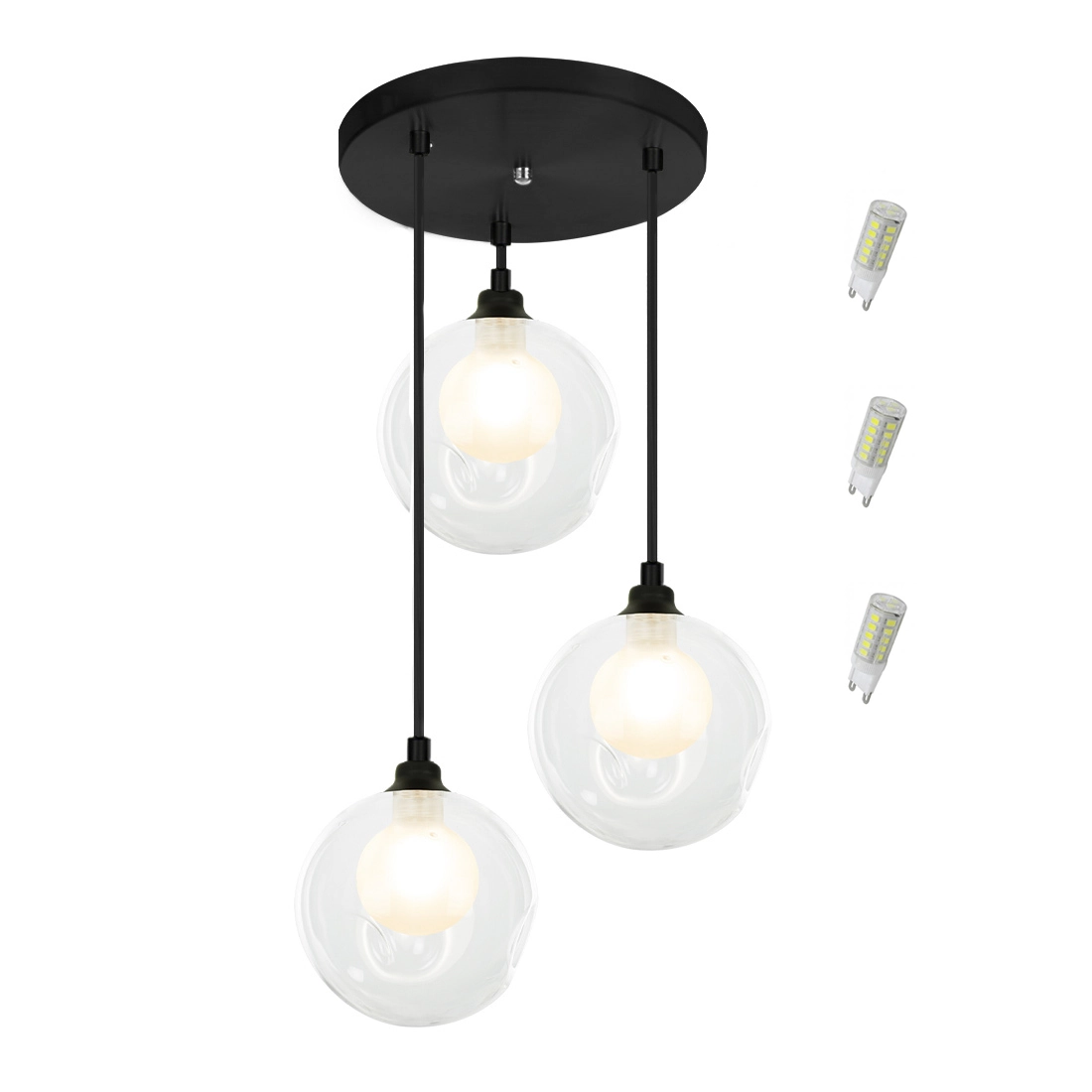 Pendente Triplo Harmony Bolinha Preto + Lampada G9 6000k