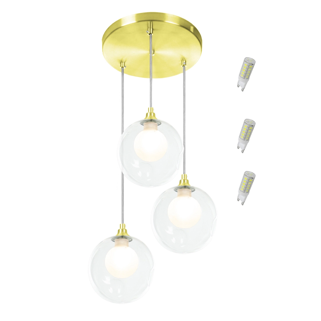 Pendente Triplo Harmony Bolinha Dourado + Lampada G9 3000k