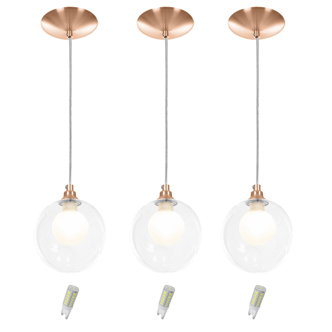 Kit 3 Pendentes Harmony Bolinha New Cobre + Lampada G9 3000k