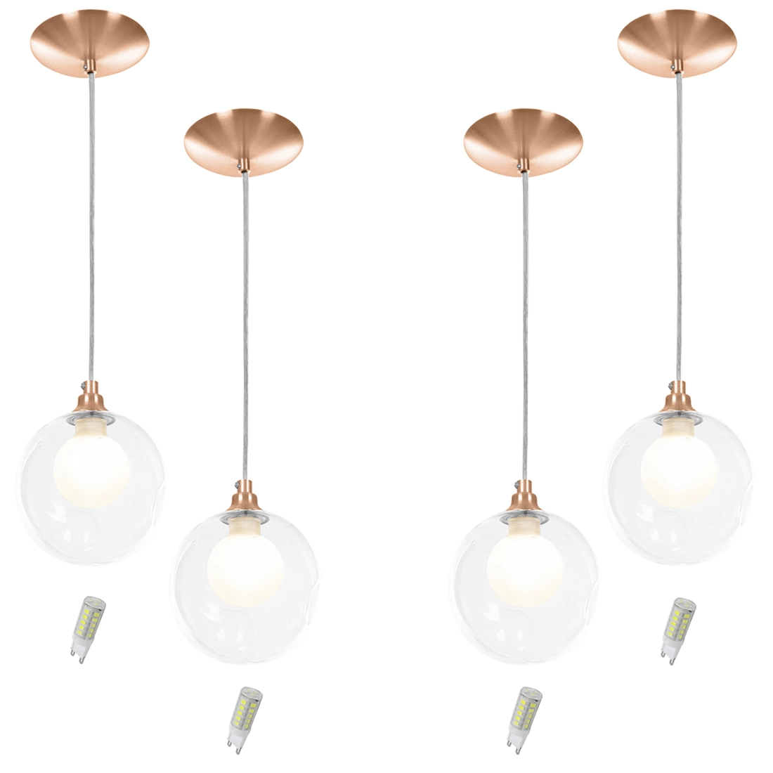 Kit 4 Pendentes Harmony Bolinha New Cobre + Lampada G9 3000k