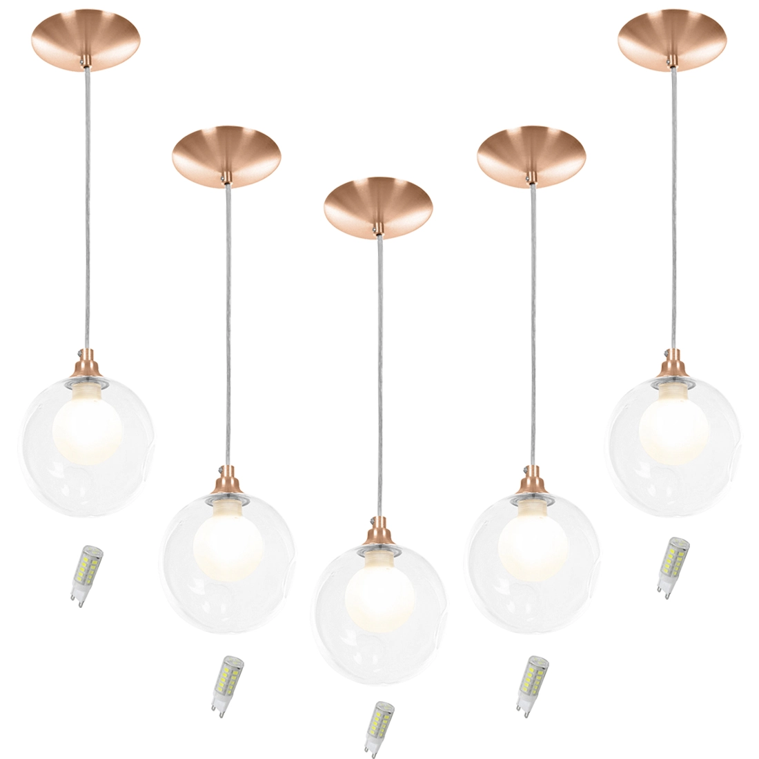 Kit 5 Pendentes Harmony Bolinha New Cobre + Lampada G9 3000k