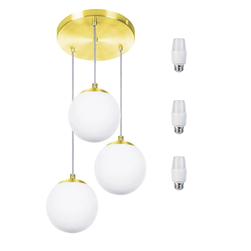 Pendentes Triplo Orby Bolinha Dourada + Lampada 3000k