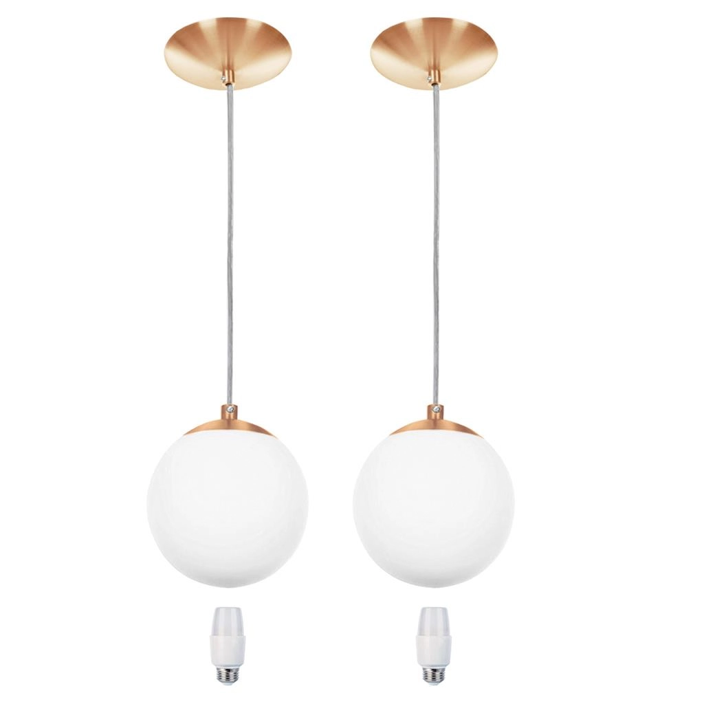 Kit 2 Pendentes Orby Bolinha New Cobre + Lampada 3000k