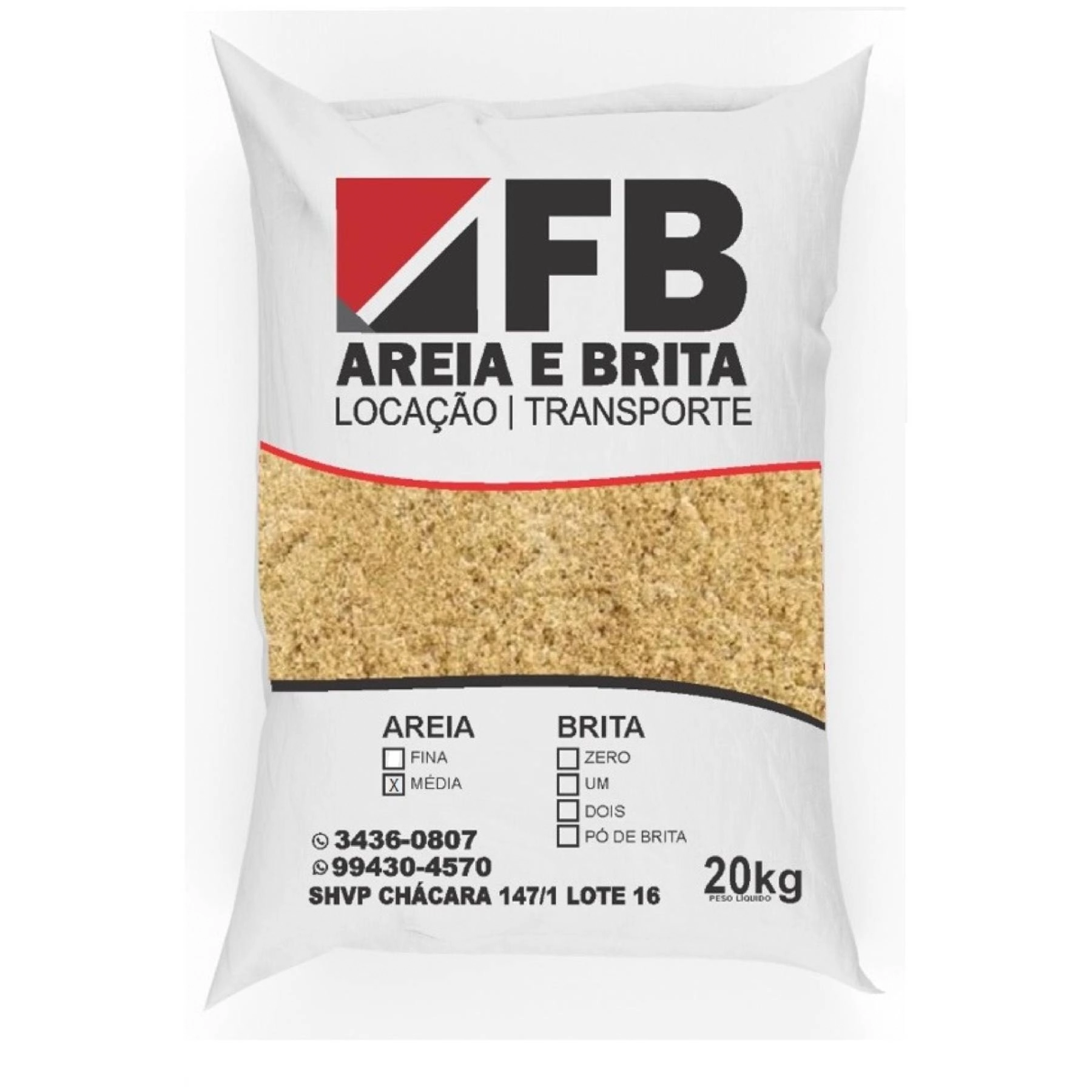 Areia Média Lavada Saco com 20kg FB Areia e Brita