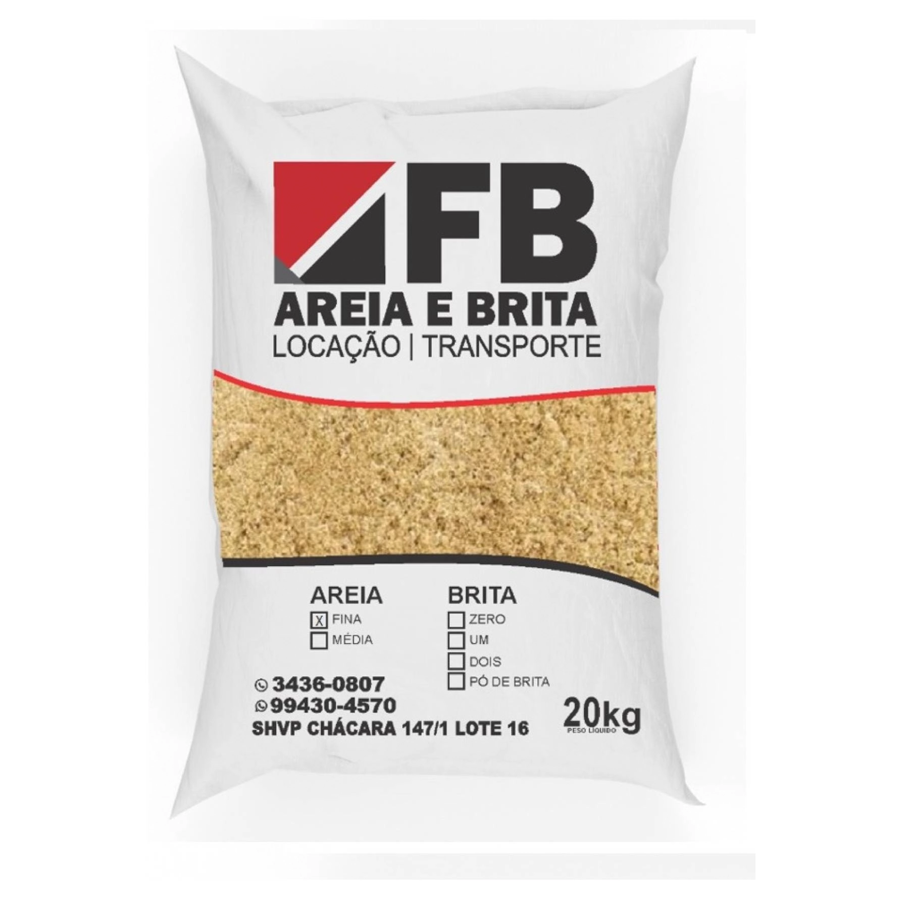 Areia Fina Lavada com Saco 20kg FB Areia e Brita