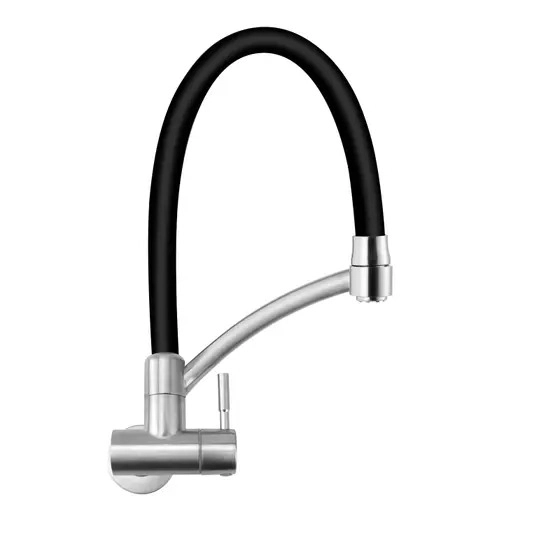 Torneira Cozinha De Parede Flexível Aço Escovado Com Tubo Preto Aço Escovado