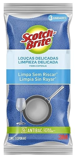 Esponja Azul Não Risca Louças Delicadas Scotch Brite Antibac 3 Unidades