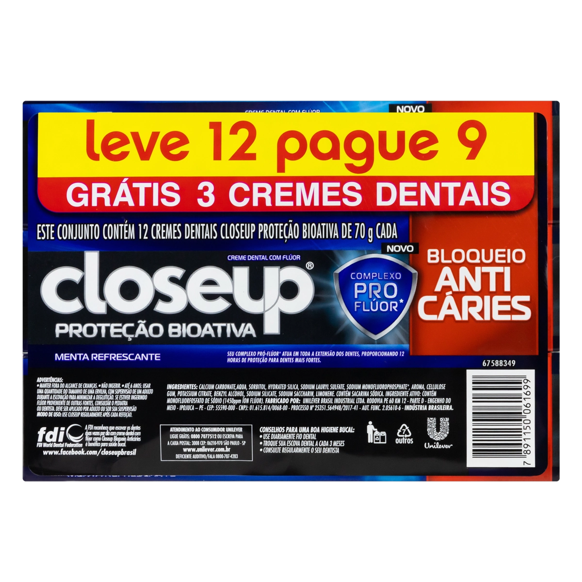 Pack Creme Dental Menta Refrescante Closeup Proteção Bioativa Bloqueio Anticáries Caixa 70g Cada Lev