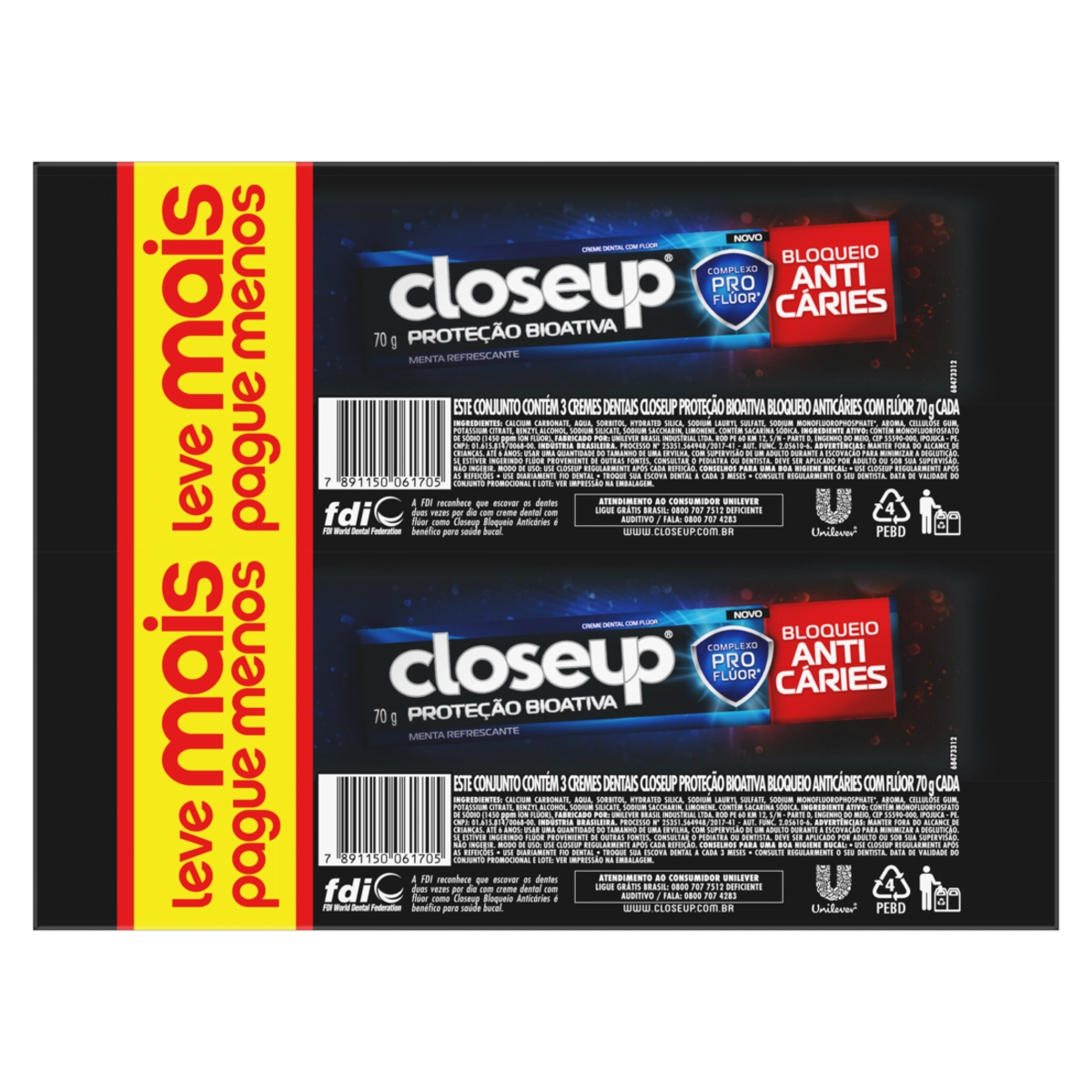 Pack Creme Dental Menta Refrescante Closeup Proteção Bioativa Bloqueio Anticáries Caixa 3 Unidades 7